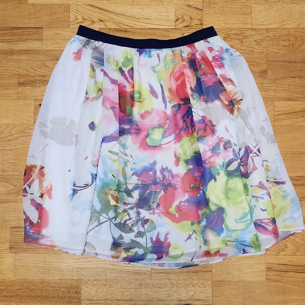 Liz Claiborne White Pink Green Blue Yellow Floral Skirt Women's Size S Polyester